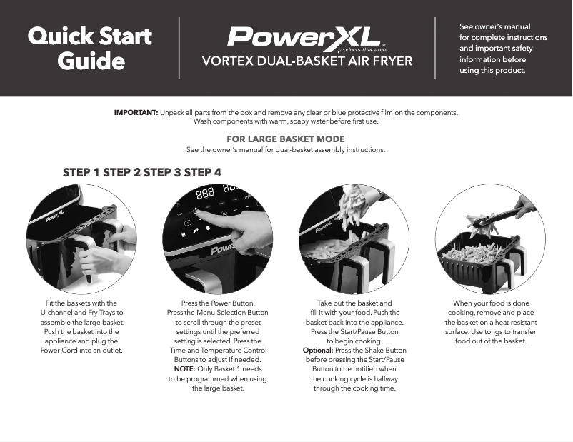 Page 1 de la notice Guide de démarrage rapide PowerXL Vortex Dual Basket Air Fryer DUAF-10
