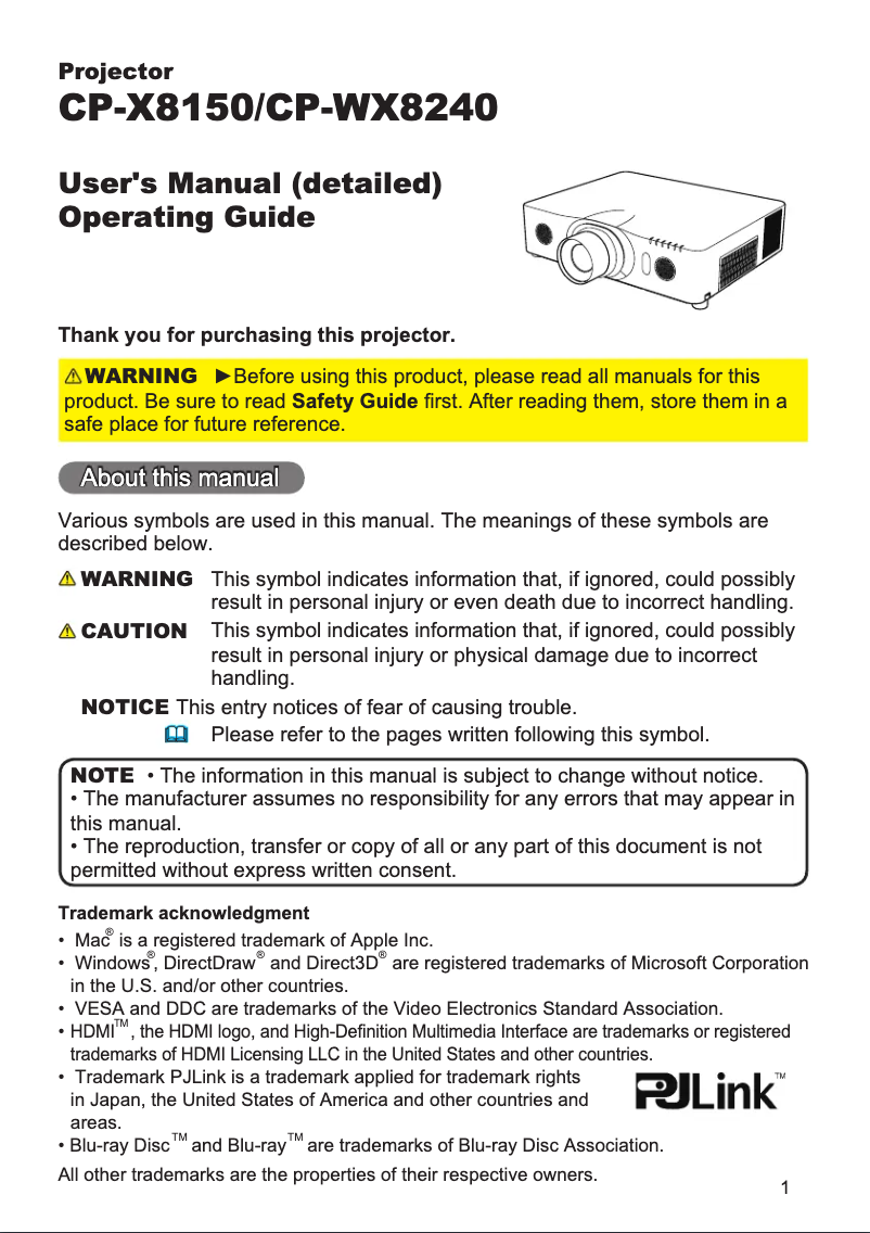 Page 1 de la notice Manuel utilisateur Hitachi CP-X8150GF