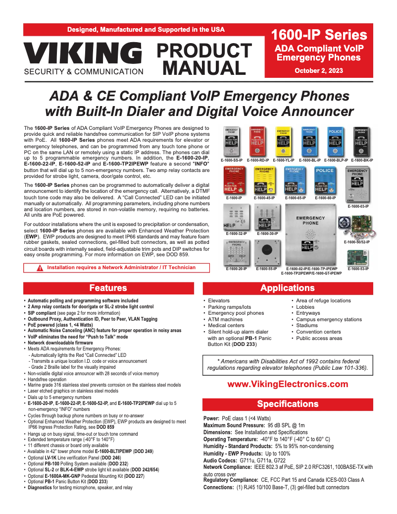 Page 1 de la notice Manuel utilisateur Viking E-1600-TP-IPEWP