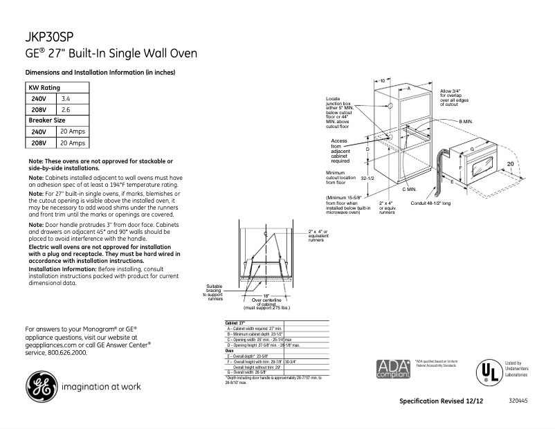 Page 1 of the manual Technical Sheet GE JKP30SPSS