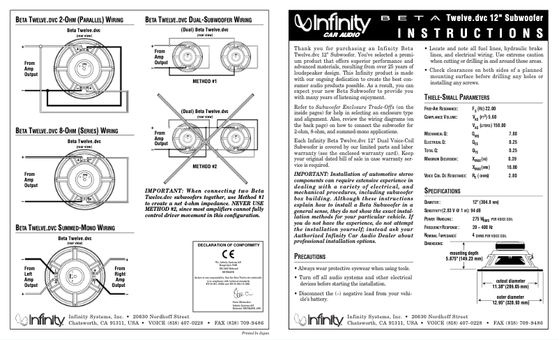 Page n°1 - Manuel utilisateur Infinity Beta 12DVC