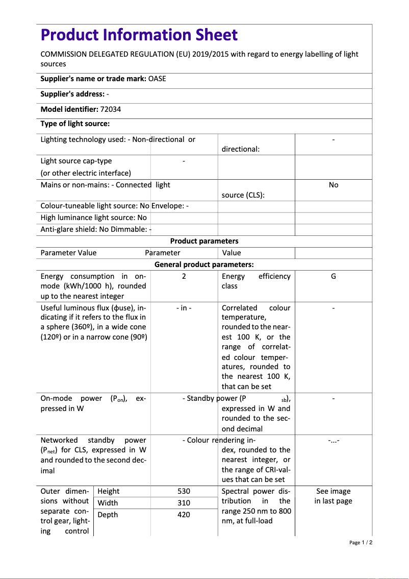 Page 1 de la notice Fiche technique Oase biOrb FLOW 30