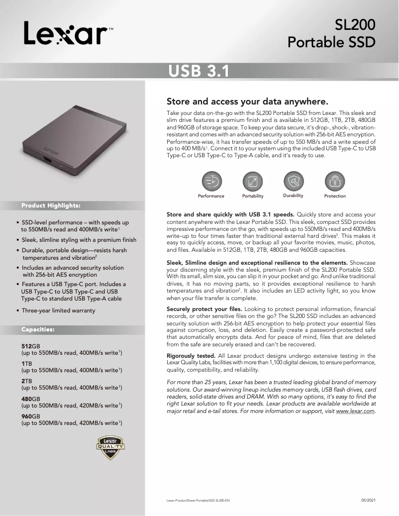 Page 1 de la notice Manuel utilisateur Lexar SL200