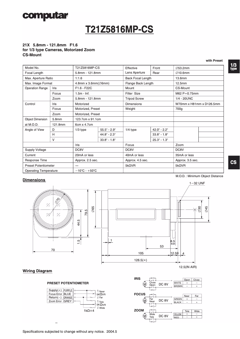 Page n°1 - Manuel utilisateur Computar T21Z5816MP