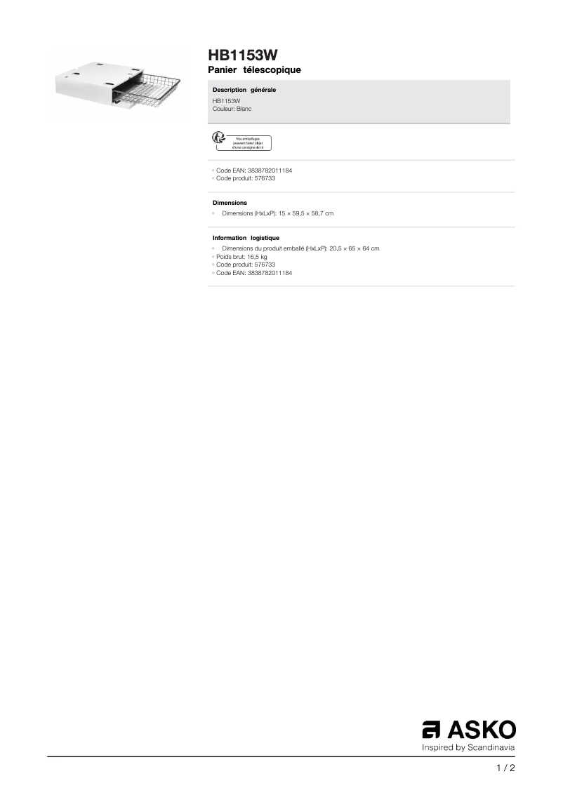 Page 1 de la notice Fiche technique Asko HB1153W