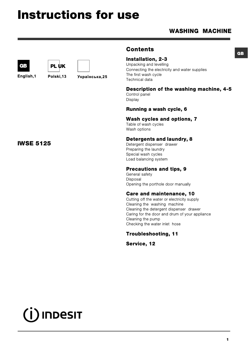 Page n°1 - Manuel utilisateur Indesit IWSE 5125