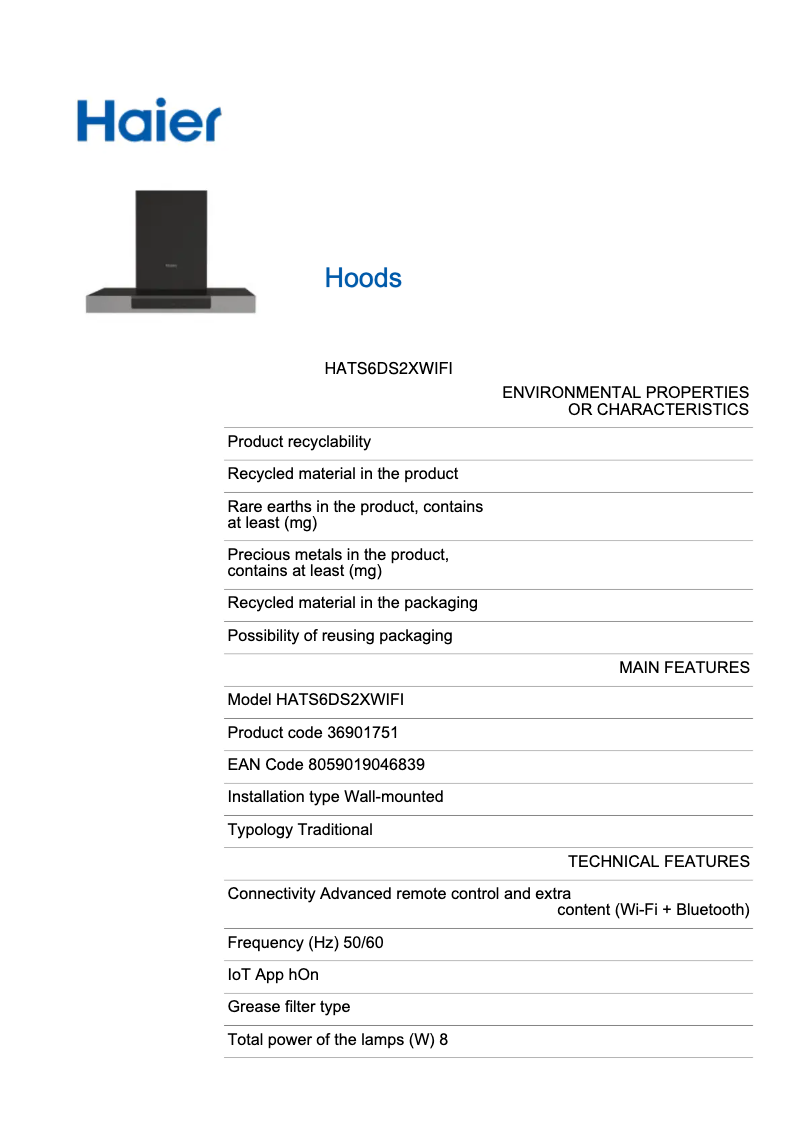 Page 1 de la notice Label énergétique Haier HATS6DS2XWIFI
