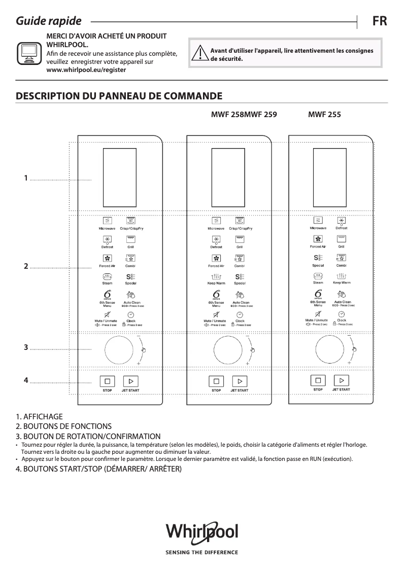 Page 1 de la notice Manuel d'utilisation et d'entretien Whirlpool MWF 258 B