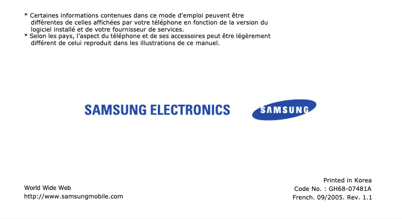 Page 1 de la notice Manuel utilisateur Samsung SGH-X620