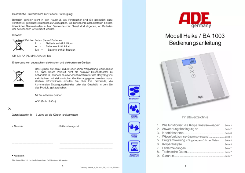 Page n°1 - Manuel utilisateur ADE Heike BA 1003