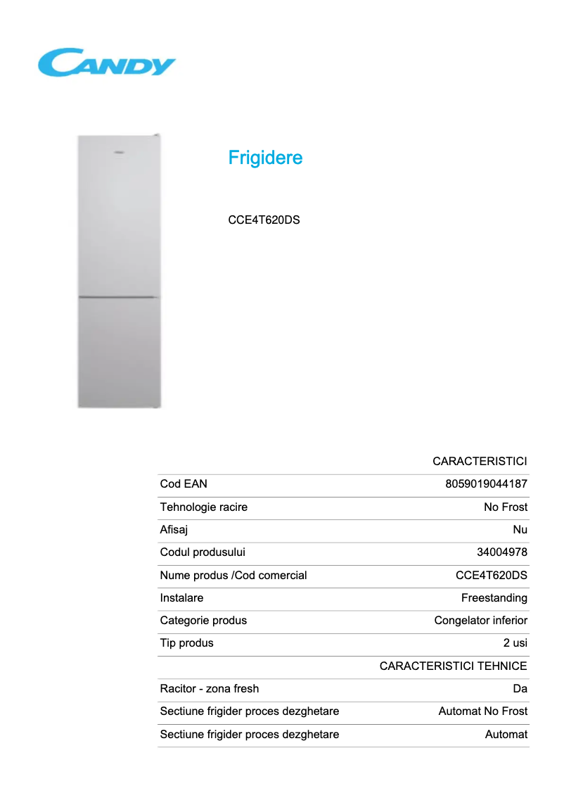 Page n°1 - Fiche technique Candy CCE4T620DS
