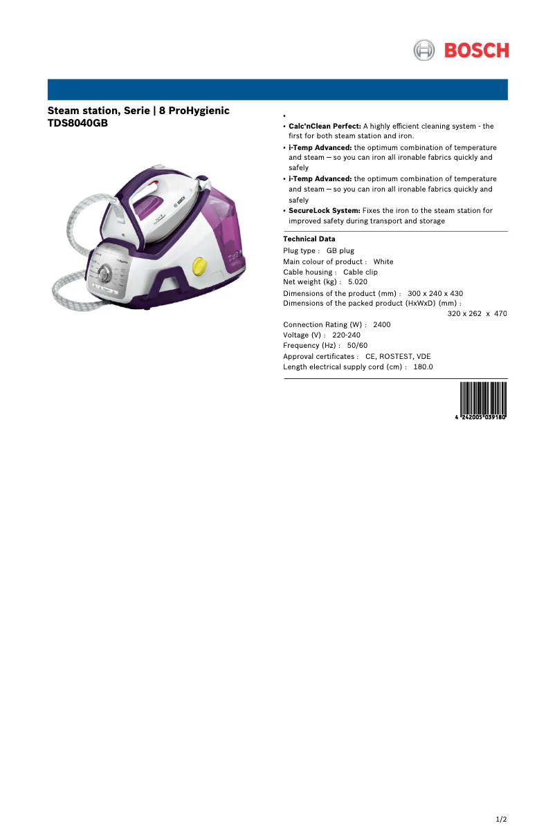 Page 1 de la notice Fiche technique Bosch TDS8040GB