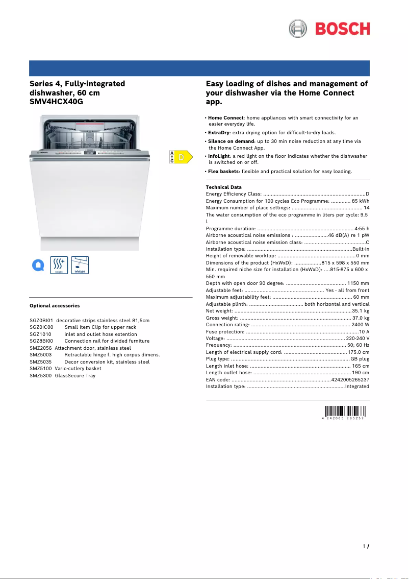 Page n°1 - Fiche technique Bosch Serie 4 SMV4HCX40G