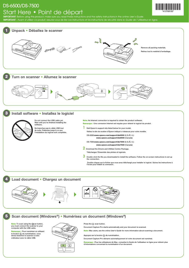 Page 1 de la notice Guide d'installation Epson WorkForce DS-7500
