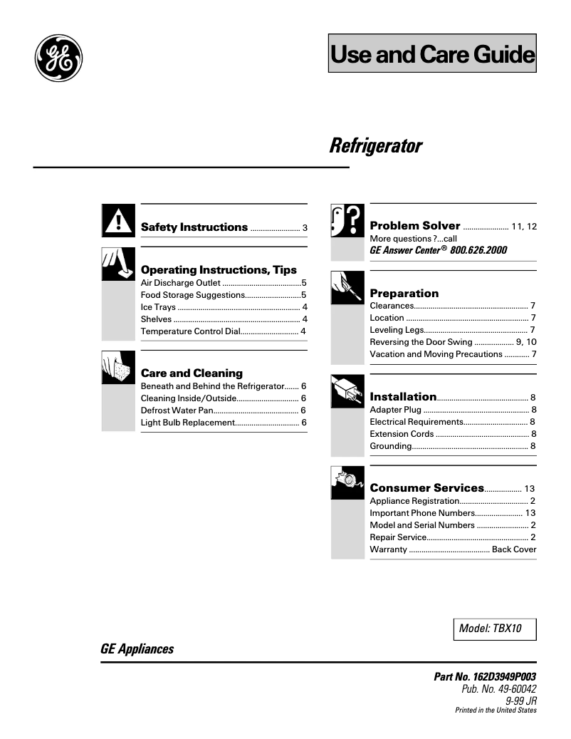 Page 1 de la notice Manuel d'utilisation et d'entretien GE TBX10SNBRWH