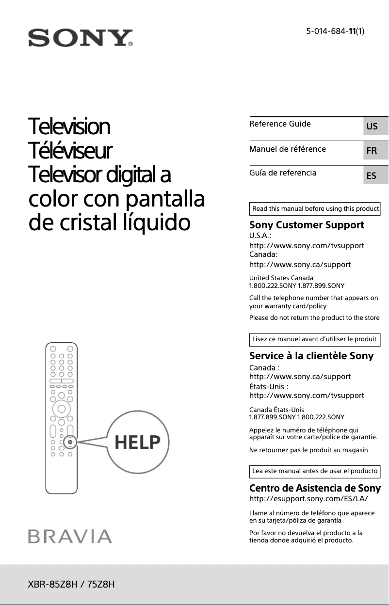 Image de la première page du manuel de l'appareil Bravia XBR-75Z8H