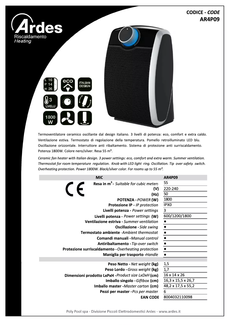 Page 1 de la notice Fiche technique Ardes AR4P09