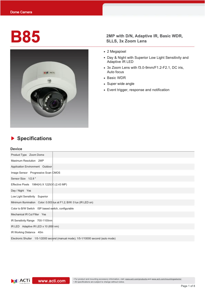 Page n°1 - Fiche technique ACTi B85