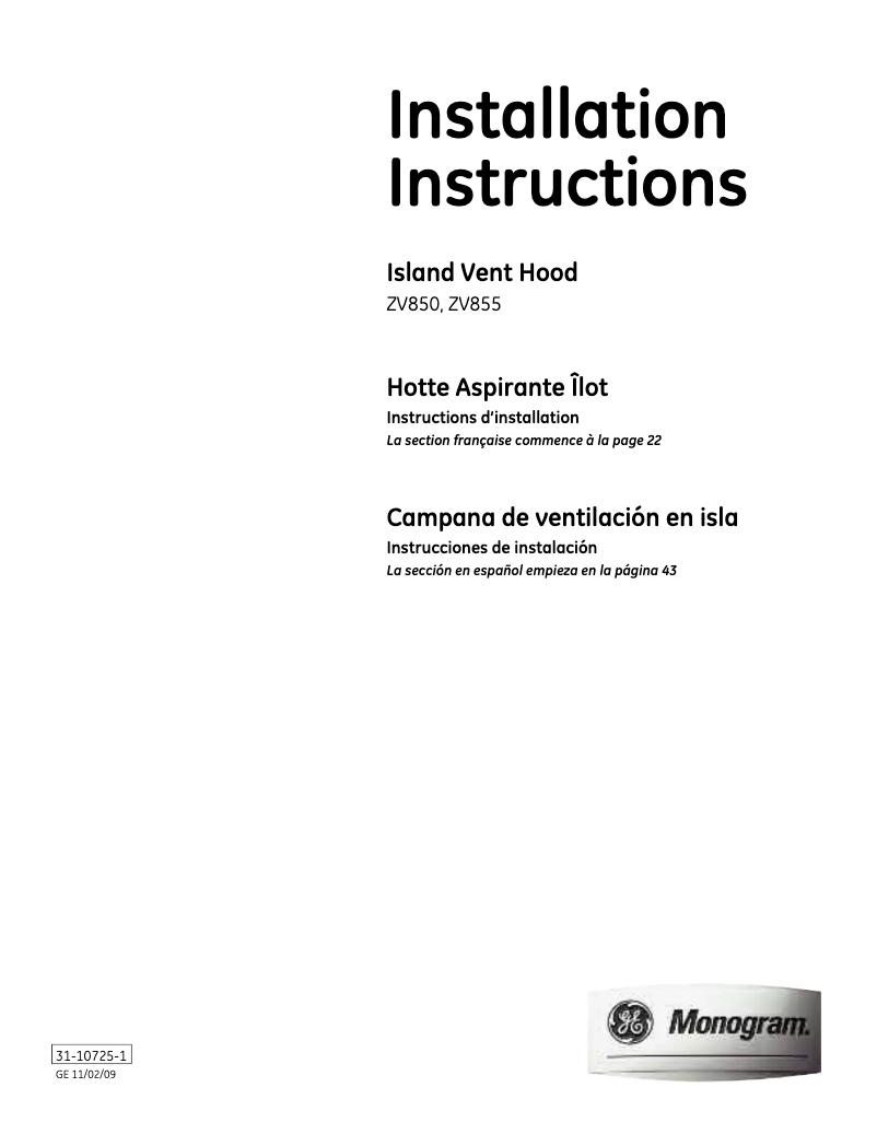 Page n°1 - Guide d'installation Monogram ZV855SPS