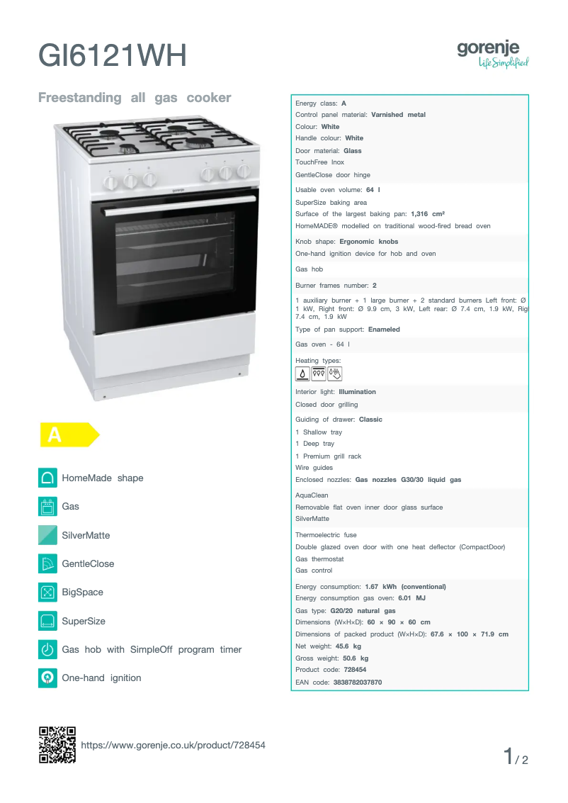 Page n°1 - Fiche technique Gorenje GI6121WH