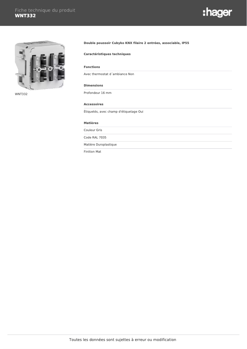 Page 1 de la notice Fiche technique Hager WNT332