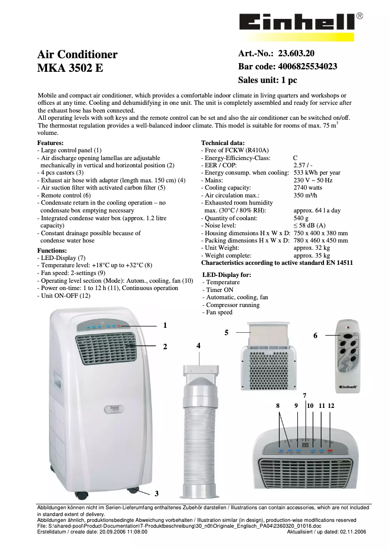 Page 1 de la notice Fiche technique Einhell MKA 3502E