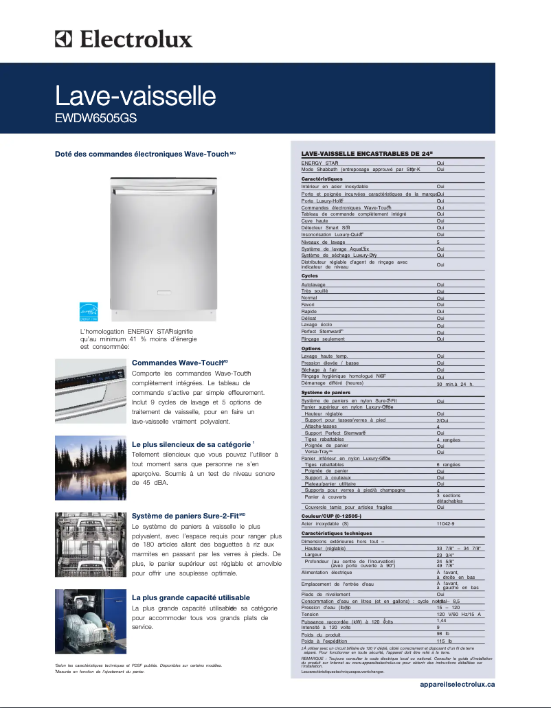 Page 1 de la notice Fiche technique Electrolux EWDW6505GB