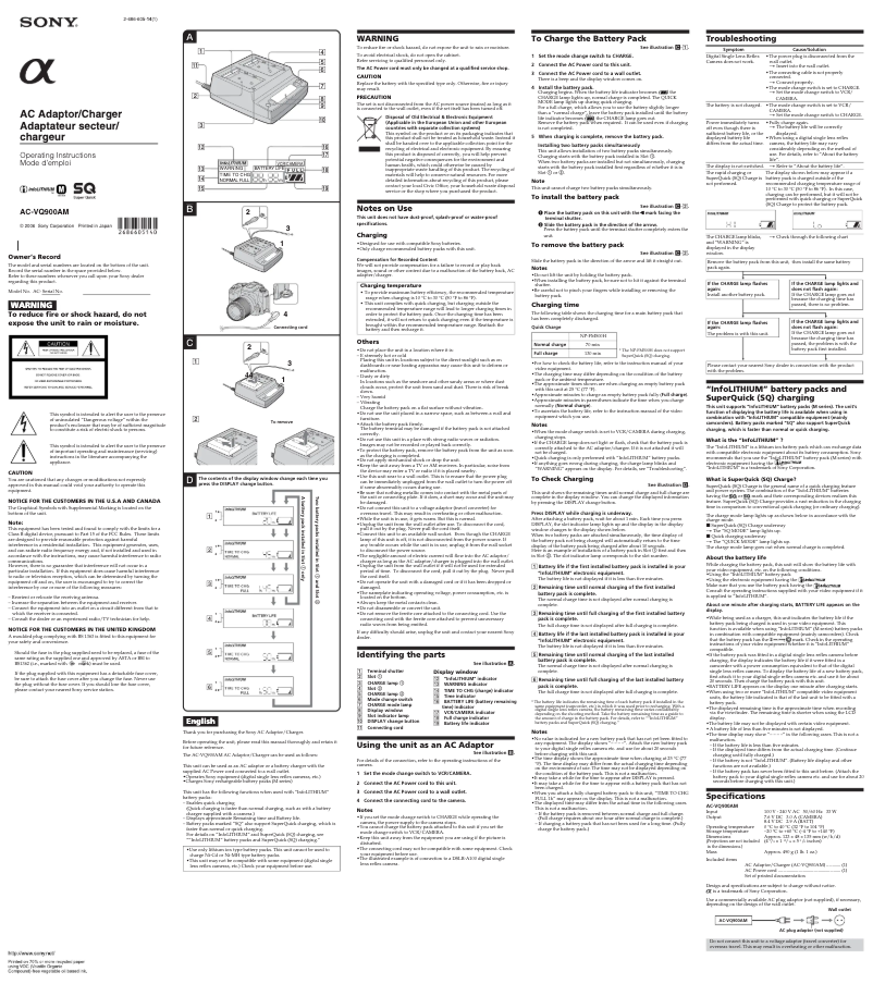 Page 1 de la notice Manuel utilisateur Sony AC-VQ900AM