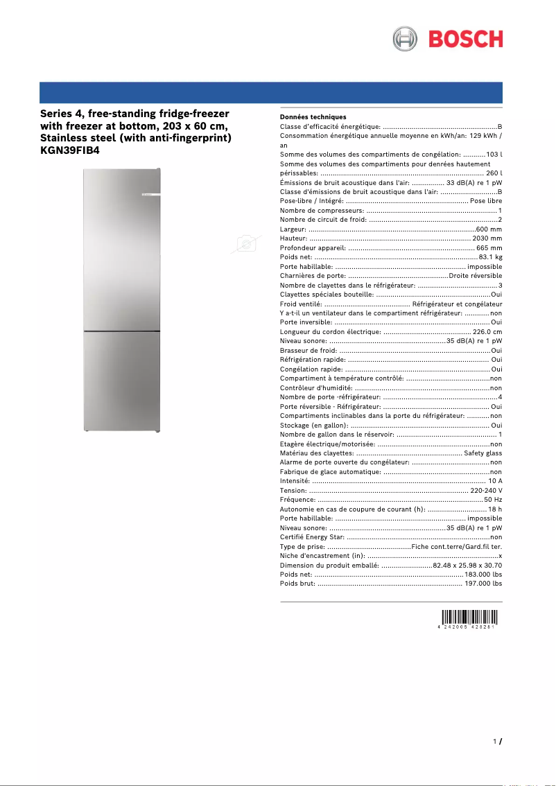 Page 1 de la notice Fiche technique Bosch KGN39FIB4