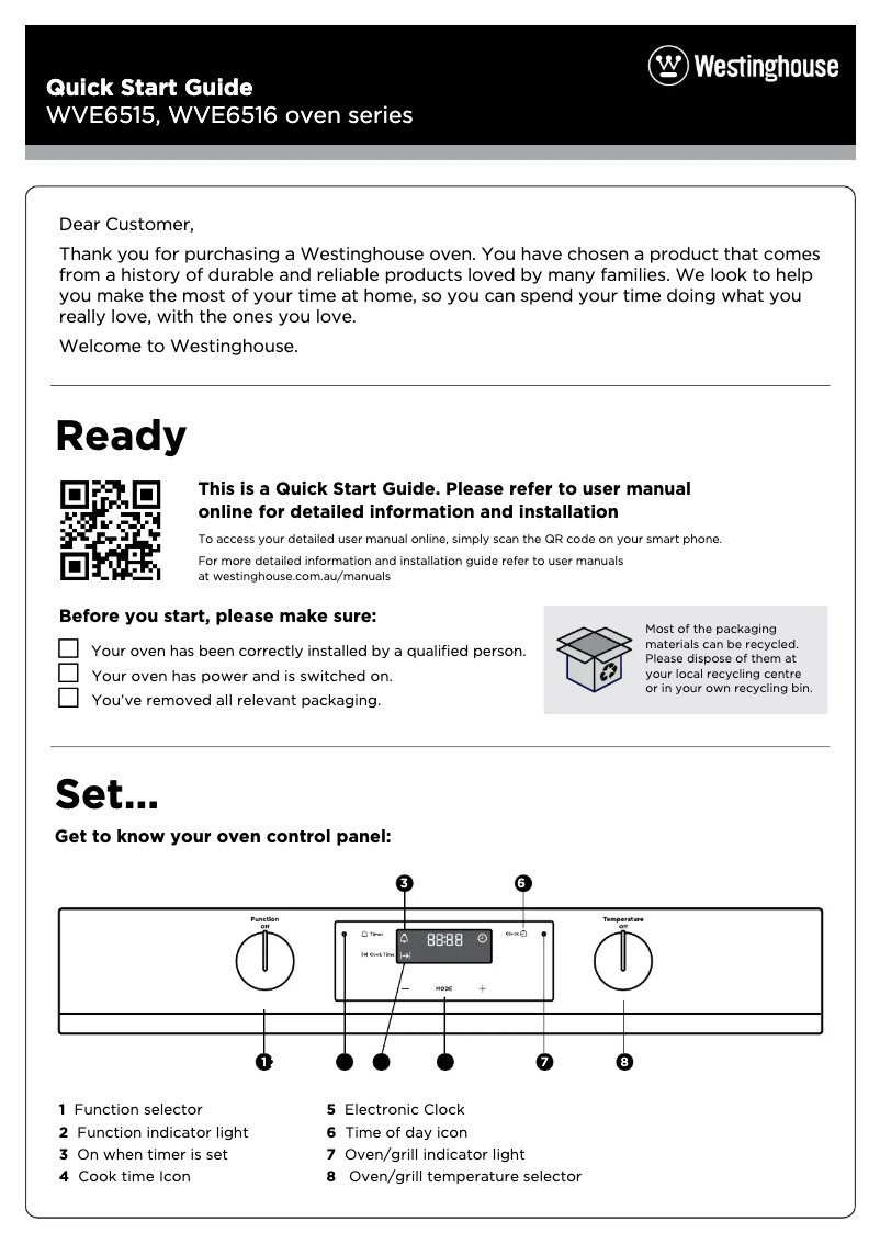 Page n°1 - Guide de démarrage rapide Westinghouse WVE6515SD