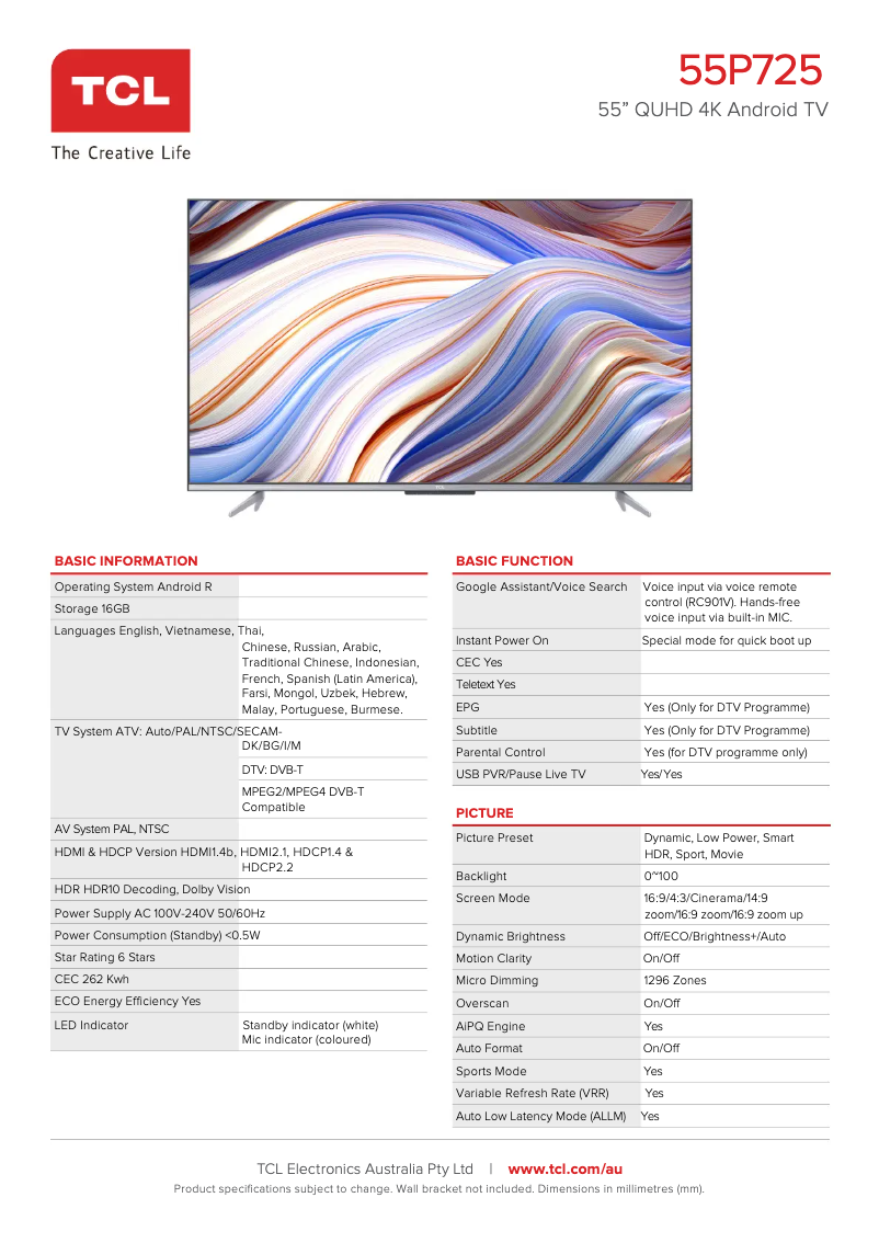 Page 1 de la notice Fiche technique TCL 55P725