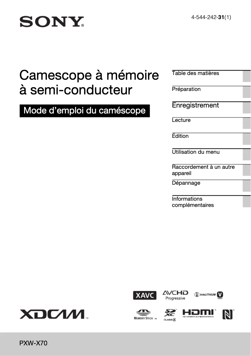 Page 1 de la notice Manuel utilisateur Sony PXW-X70