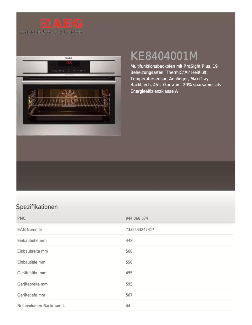Page 1 de la notice Fiche technique AEG KE8404001M