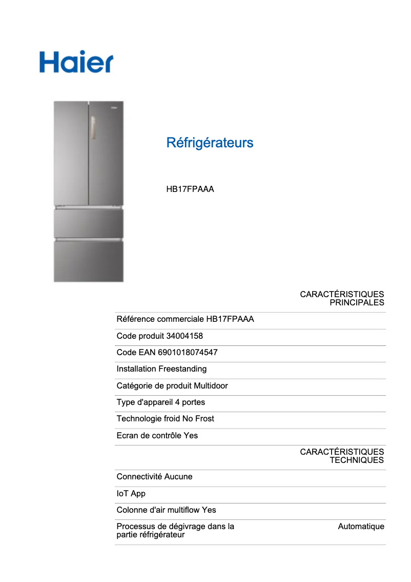 Image de la première page du manuel de l'appareil HB17FPAAA