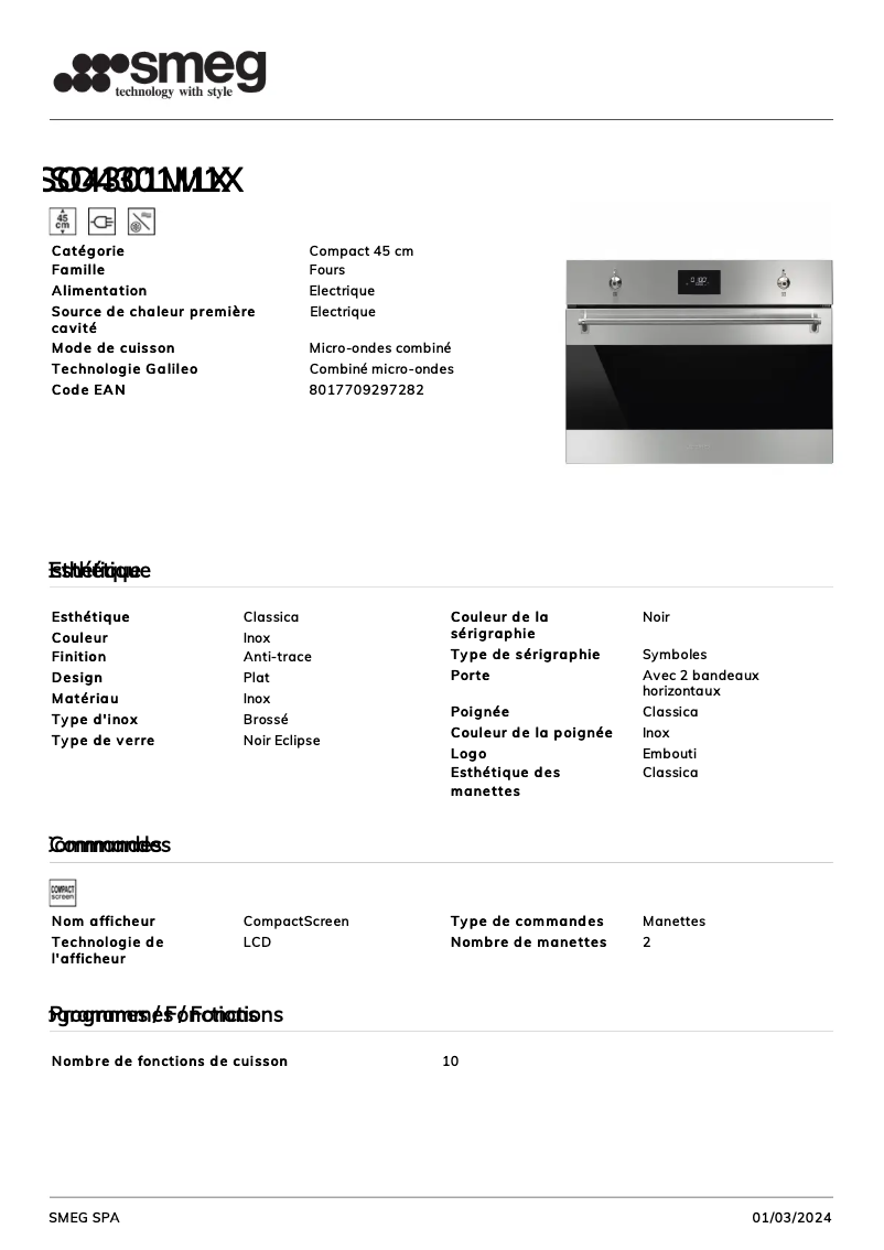 Page 1 de la notice Fiche technique Smeg SO4301M1X