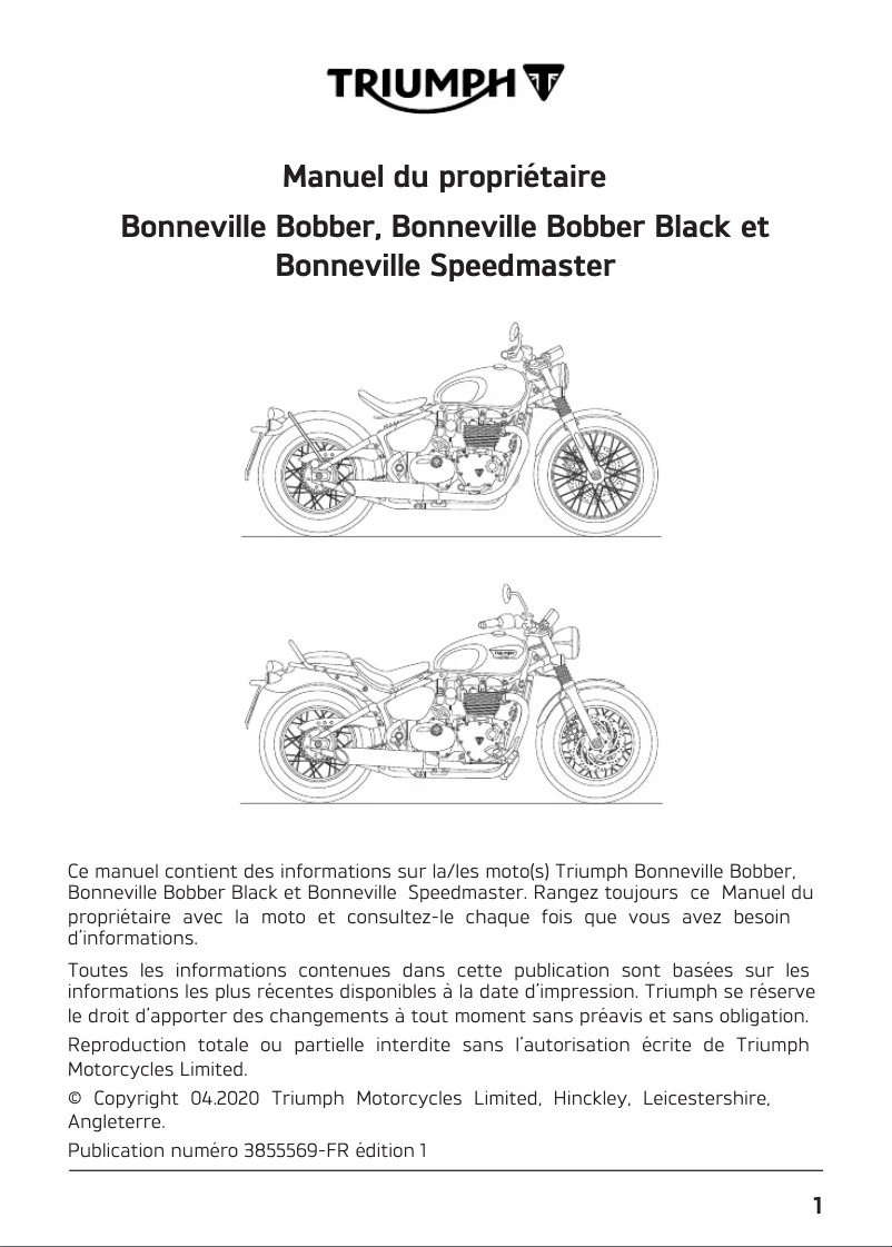Page 1 de la notice Manuel utilisateur Triumph Bonneville Speedmaster (2018)