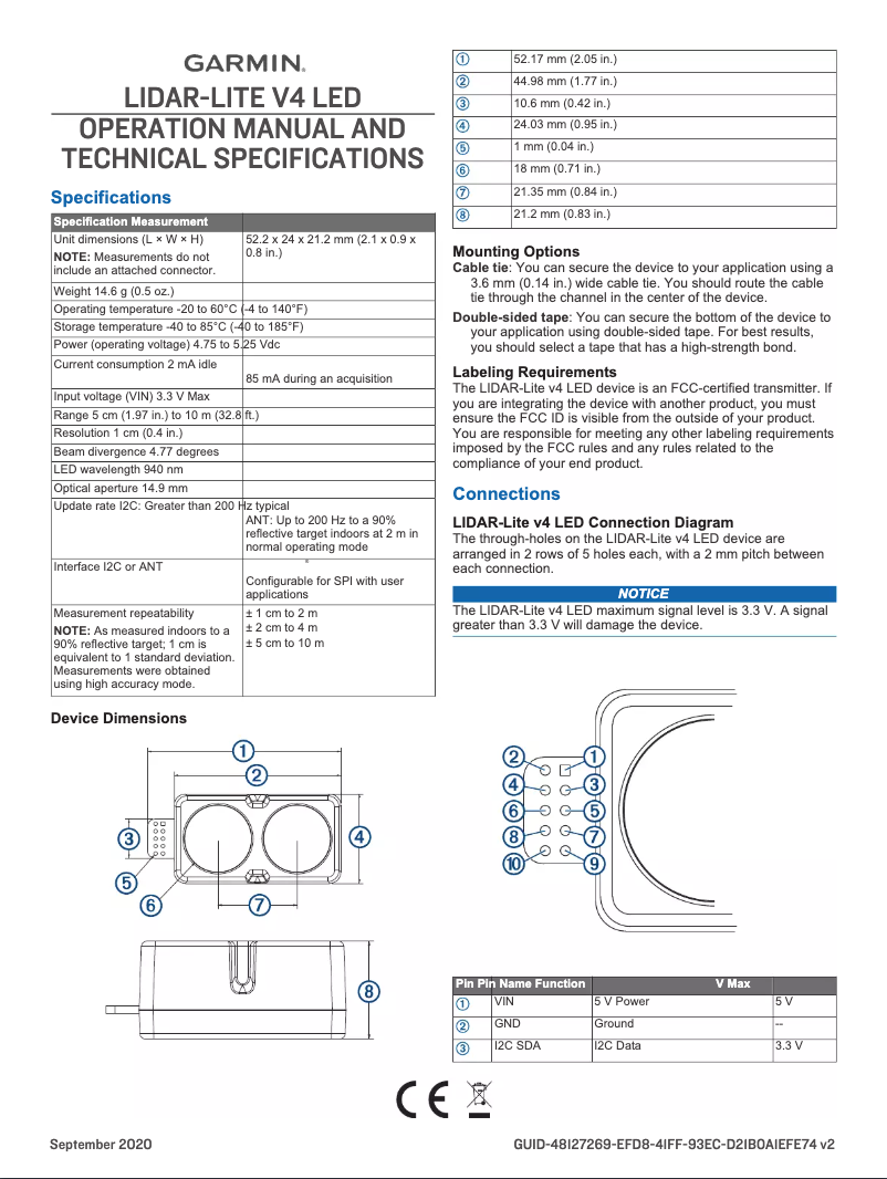 Page n°1 - Guide d'installation Garmin LIDAR-Lite v4 LED