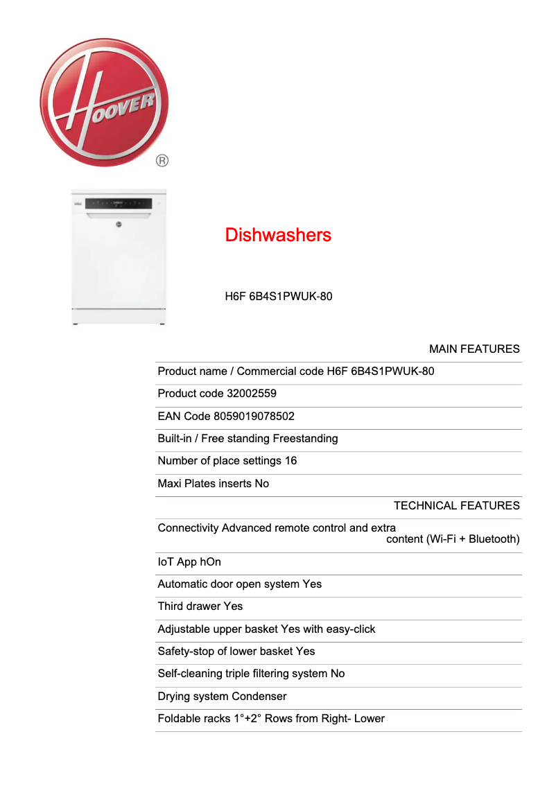 Page 1 de la notice Fiche technique Hoover H6F 6B4S1PWUK-80