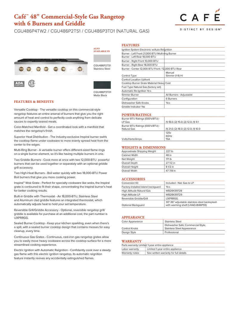 Página 1 del manual Ficha técnica GE CGU486P4TW2