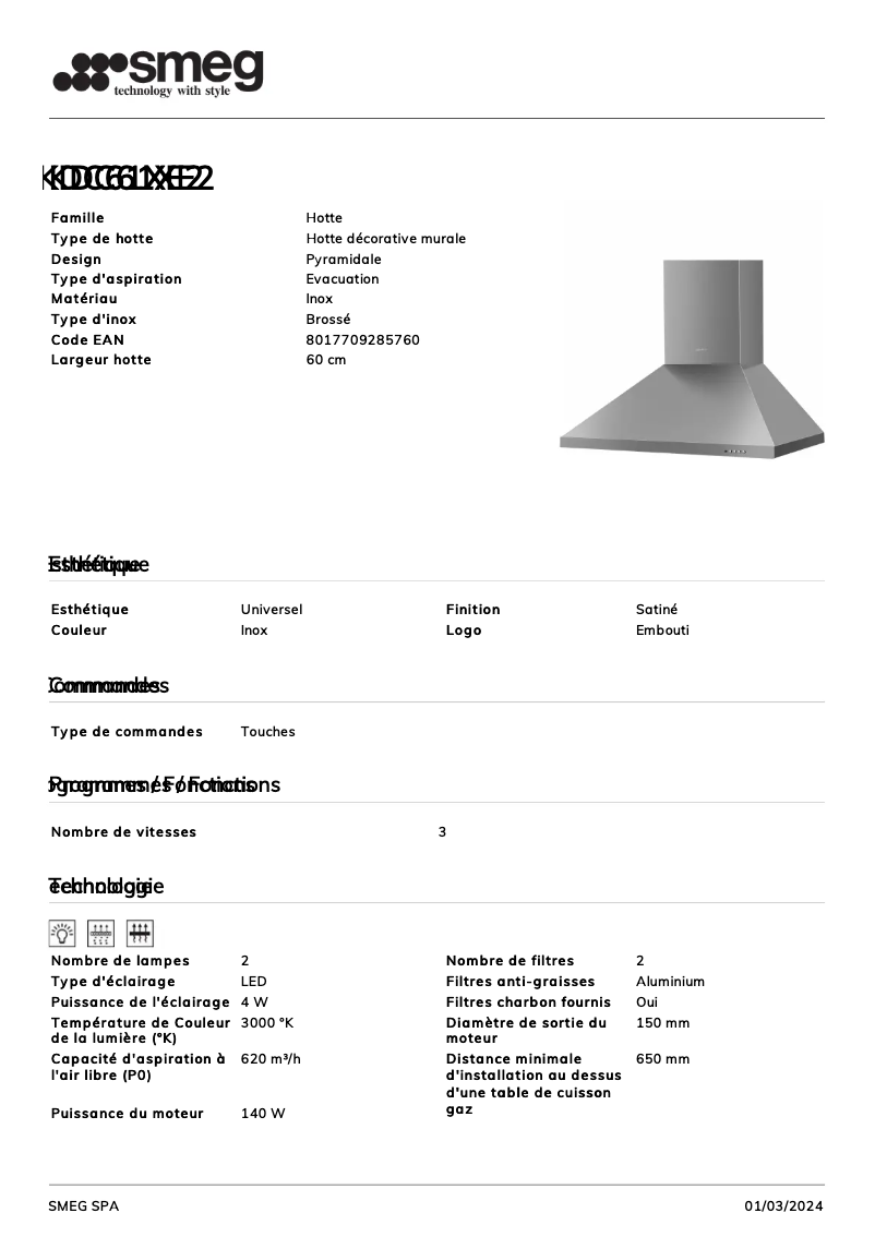 Page 1 de la notice Fiche technique Smeg KDC61XE2