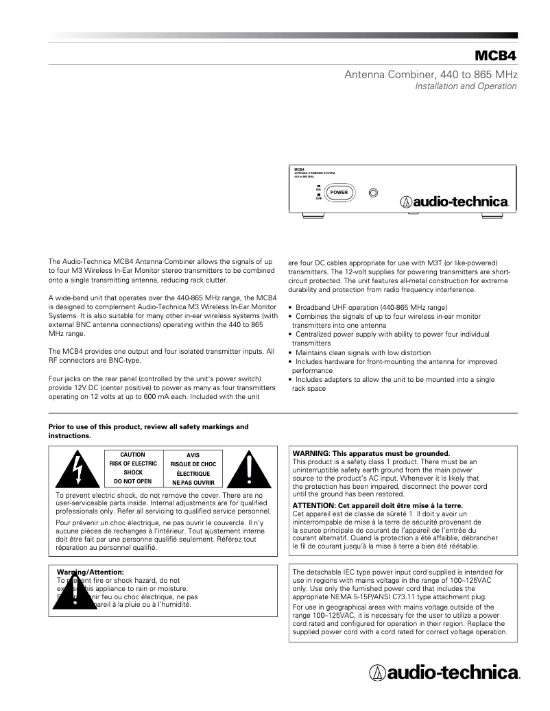 Page 1 de la notice Manuel utilisateur Audio-Technica MCB4