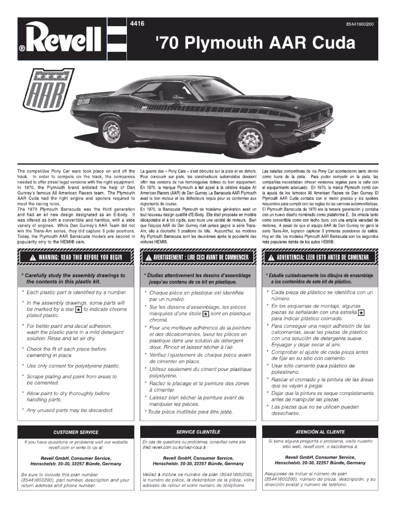 Page 1 de la notice Manuel utilisateur Revell '70 Plymouth AAR Cuda