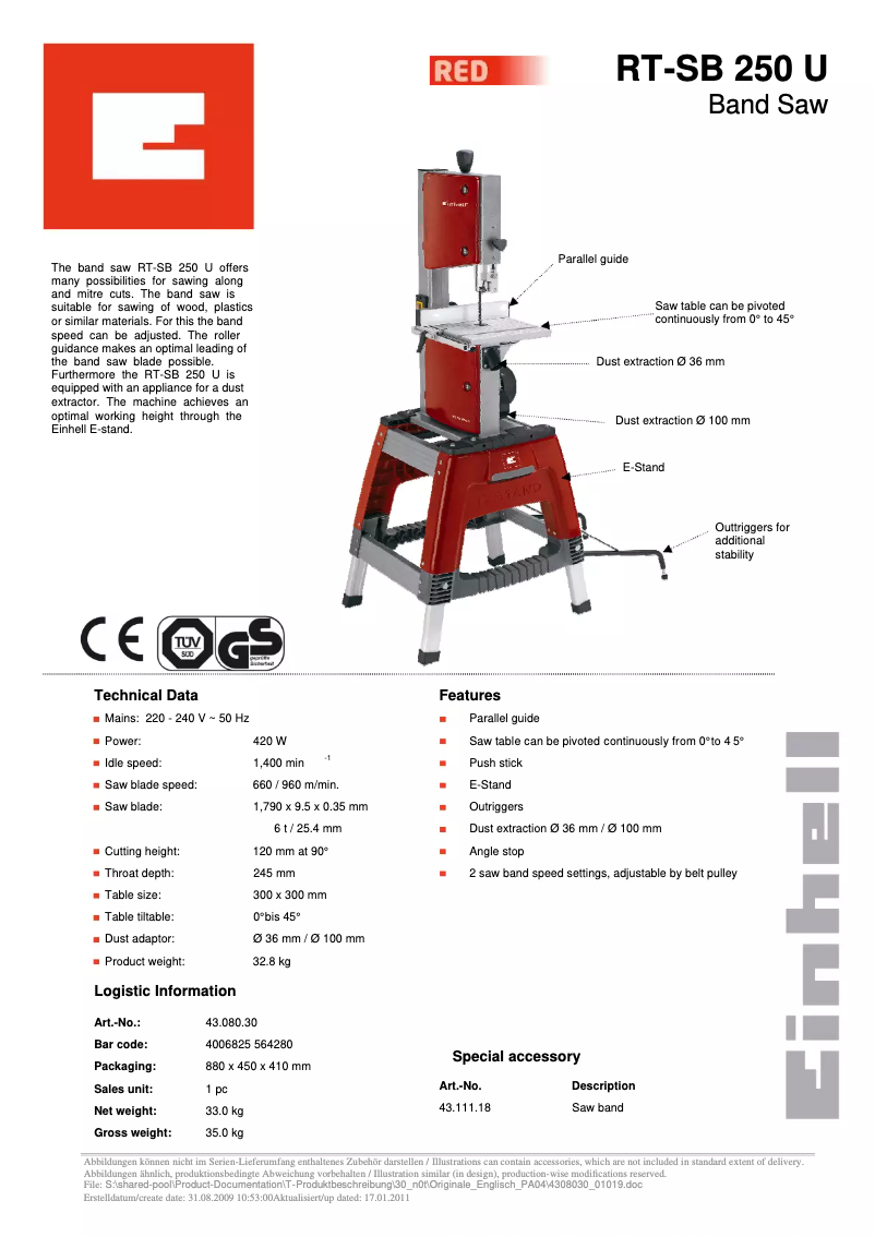 Page n°1 - Manuel utilisateur Einhell RT-SB 250 U