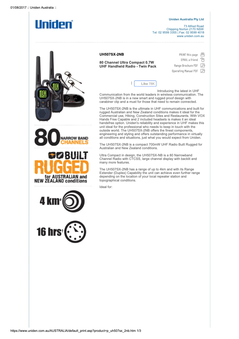 Page 1 de la notice Manuel utilisateur Uniden UH507SX-2NB