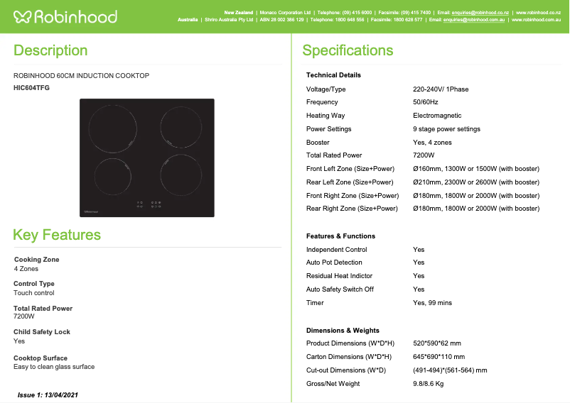 Page n°1 - Fiche technique Robinhood HIC604TFG