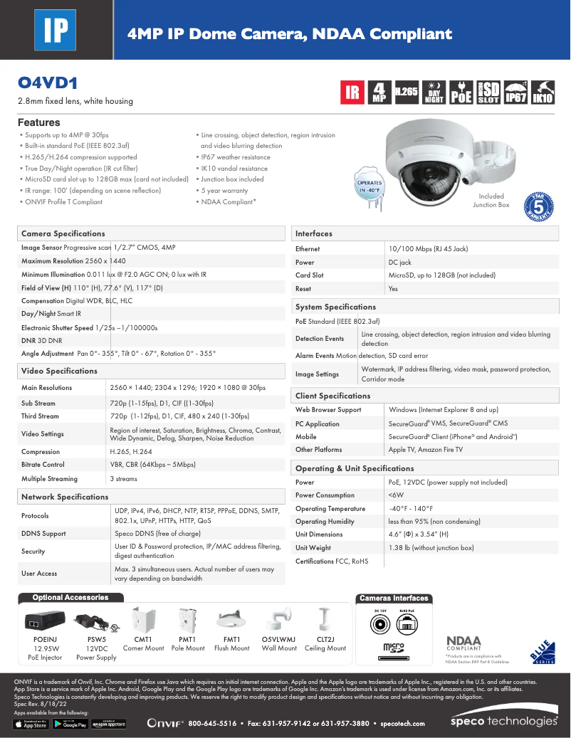 Page 1 de la notice Fiche technique Speco Technologies O4VD1
