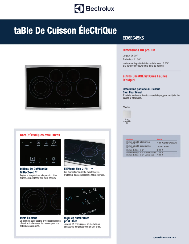 Page 1 de la notice Fiche technique Electrolux EI36EC45KS
