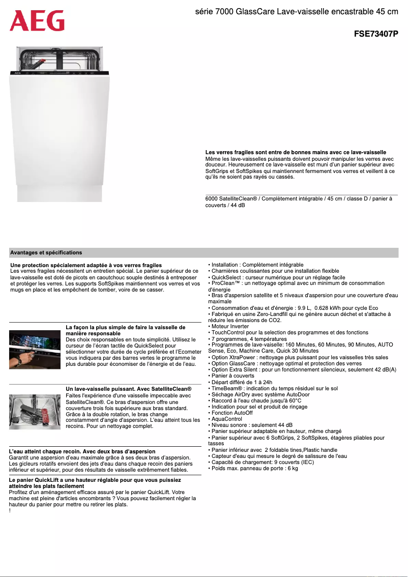 Page 1 de la notice Fiche technique AEG FSE73407P