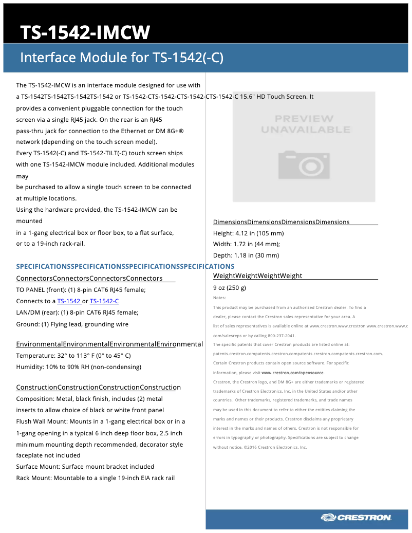 Page 1 de la notice Manuel utilisateur Crestron TS-1542-IMCW