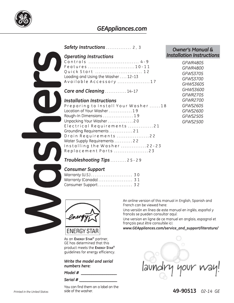 Page 1 de la notice Manuel utilisateur GE GFWS2505